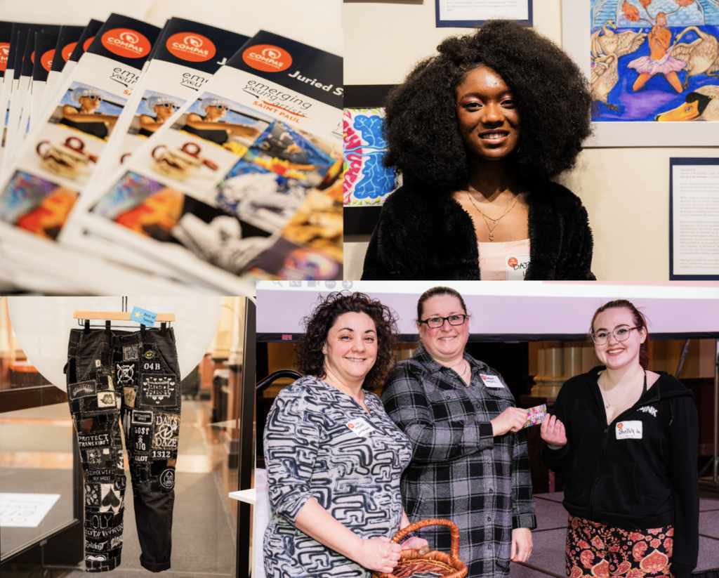 This is a collage of 4 photos. In the upper lefthand corner is a photo of a pile of programs for the Emerging Young Artists event. The cover features the orange COMPAS logo and 12-16 art pieces that appeared in the gallery exhibition. In the upper righthand corner is an image of a young African-American woman of high school age. She is smiling proudly and standing next to a painting in the exhibited that she created. The painting depicts ballerinas who are women of color and is meant to depict the discriminatory treatment they received compared to other ballerinas.The image in the bottom, lefthand corner is of a black pair of jeans decorated with slogans and other text. The jeans are one of the art pieces in the exhibition. The bottom, righthand corner is a photo of three women, two of whom are in their 30s 0r 40s. They are smiling and standing next to a young women - one of the young artists who work is in the exhibition. They are presenting her with an award for her work. 